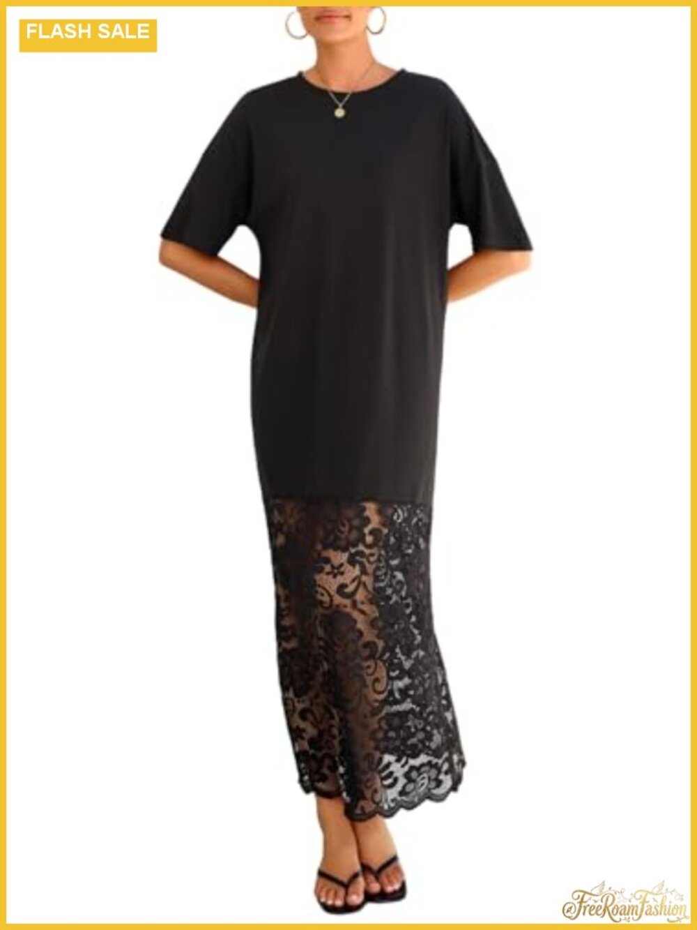 Women Short Sleeve Lace Patchwork Crew Neck Maxi Dress Casual Summer